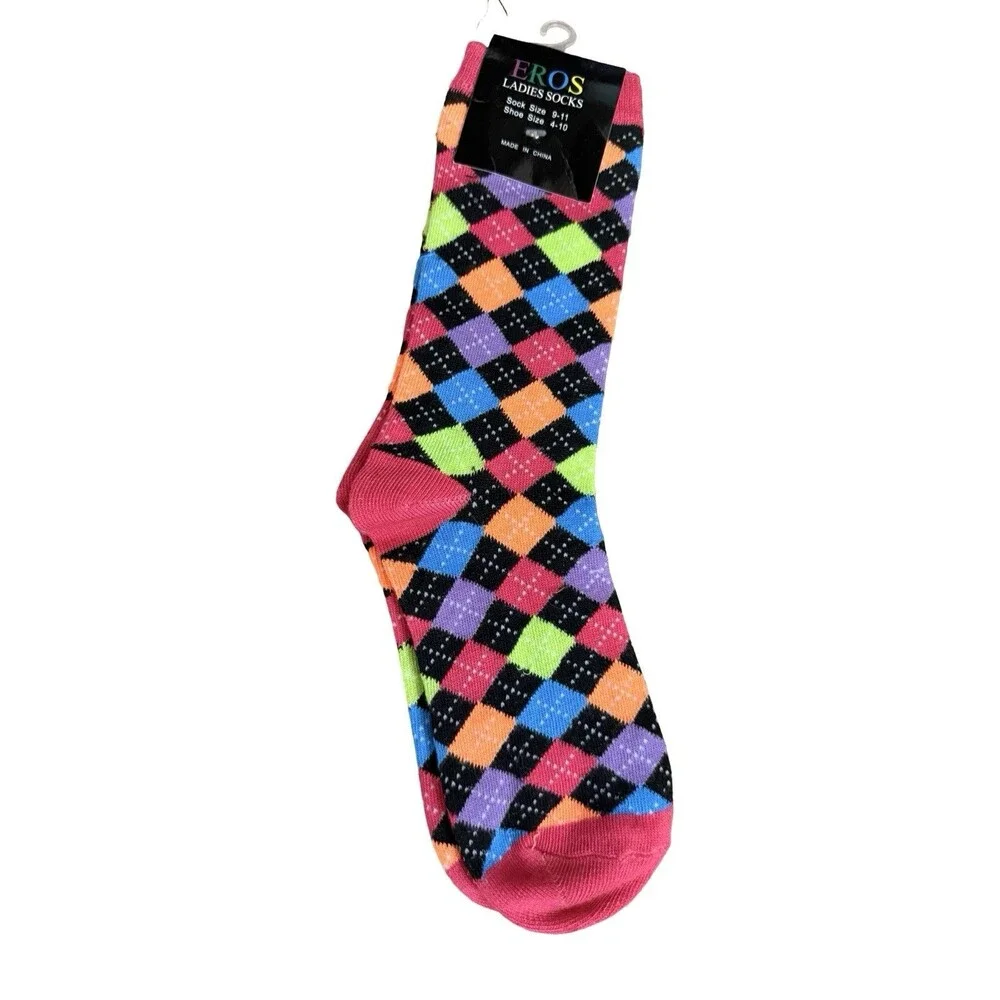 Eros Womens Colorful Crew Socks 6 Pairs Neon Argyle Leopard Zebra Size 9-11 New